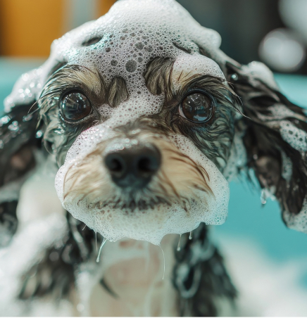 A picture of a black dog getting shampoo